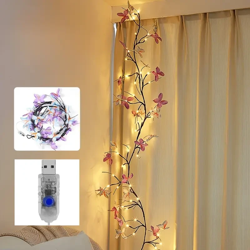 Lámpara de pared LED con forma de rama de mariposa, 129,84 cm, 30 LED, alimentada por USB