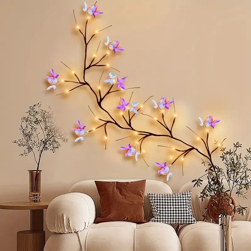 Lámpara de pared LED con forma de rama de mariposa, 129,84 cm, 30 LED, alimentada por USB