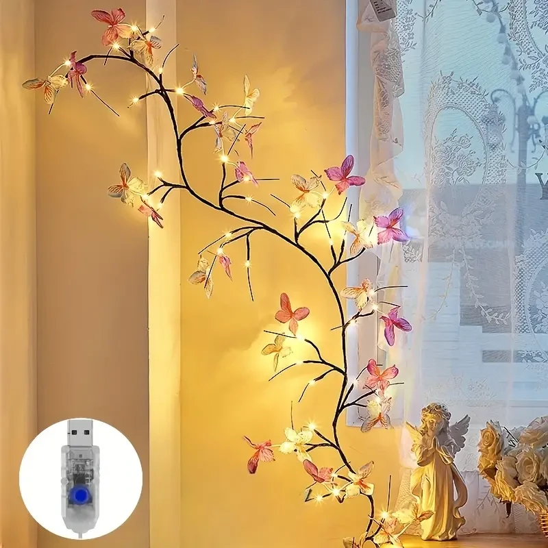 Lámpara de pared LED con forma de rama de mariposa, 129,84 cm, 30 LED, alimentada por USB