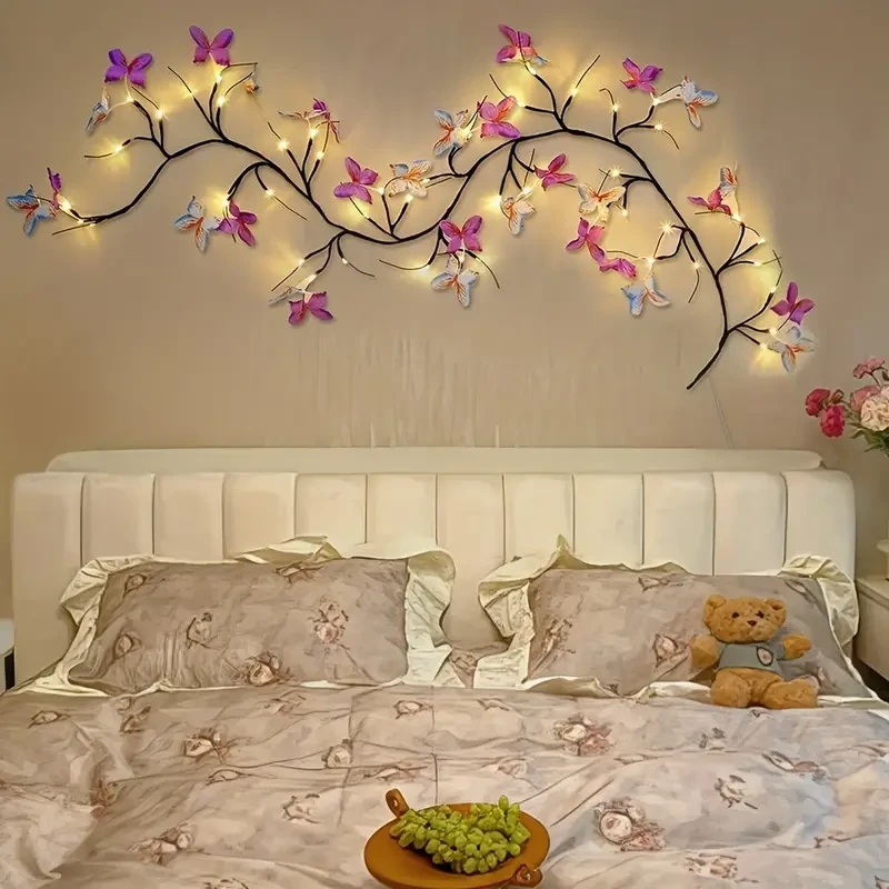 Lámpara de pared LED con forma de rama de mariposa, 129,84 cm, 30 LED, alimentada por USB
