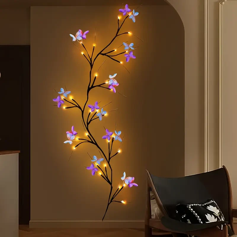 Lámpara de pared LED con forma de rama de mariposa, 129,84 cm, 30 LED, alimentada por USB