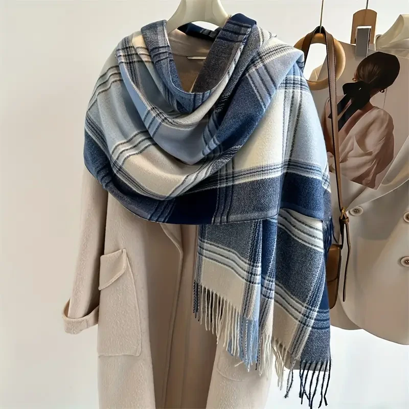 Elegante bufanda de cuadros jacquard con flecos