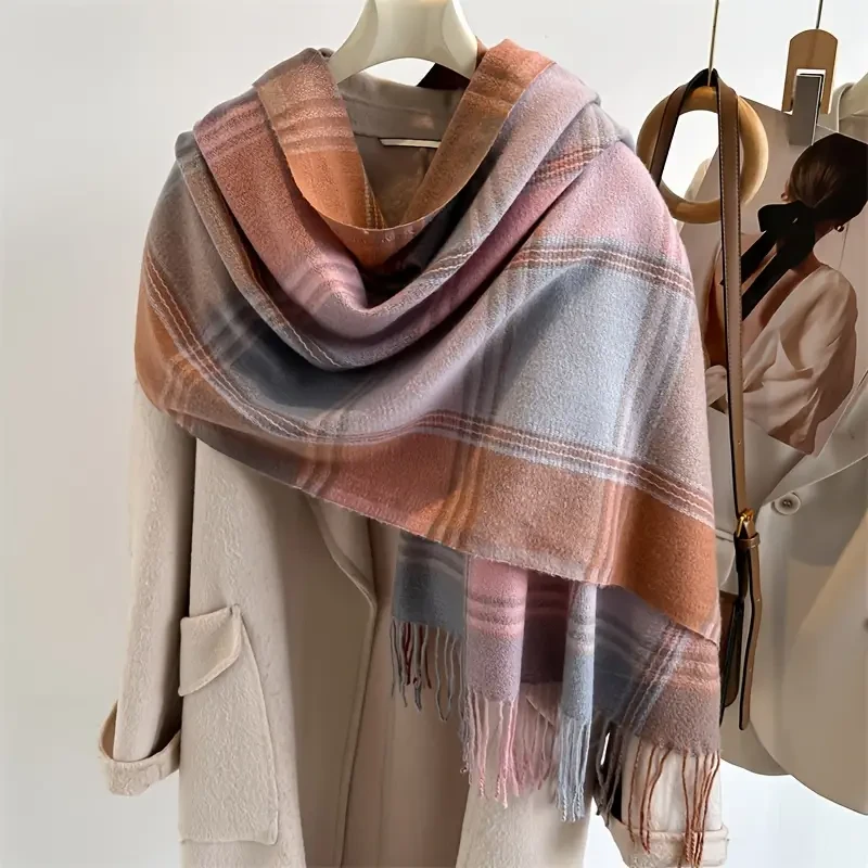 Elegante bufanda de cuadros jacquard con flecos