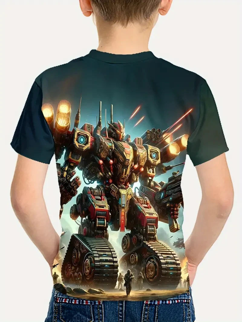 Camiseta de manga corta con estampado 3D de Transformers Mecha para niño: activa y elástica, ideal para verano y actividades al aire libre.