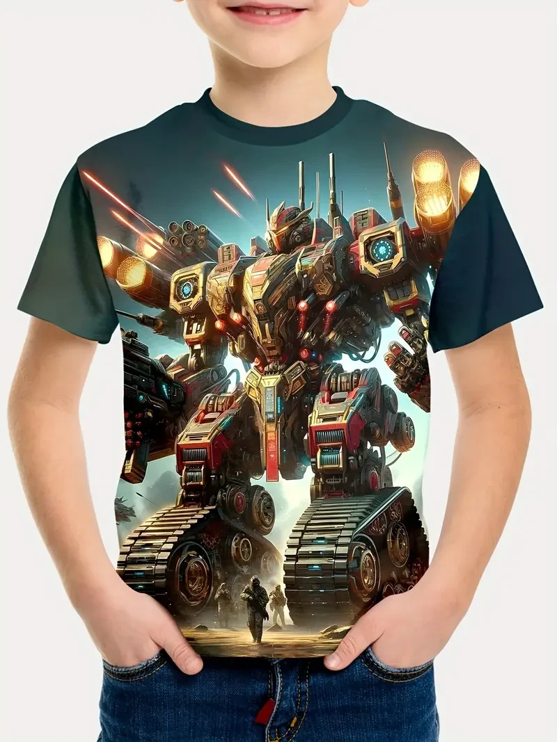 Camiseta de manga corta con estampado 3D de Transformers Mecha para niño: activa y elástica, ideal para verano y actividades al aire libre.