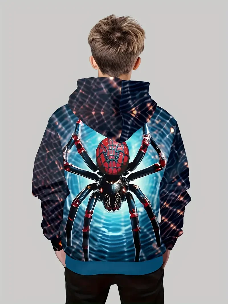 Sudadera con capucha y estampado de araña 3D para niño: jersey informal de manga larga con bolsillos, ideal para jugar al aire libre en otoño e invierno.