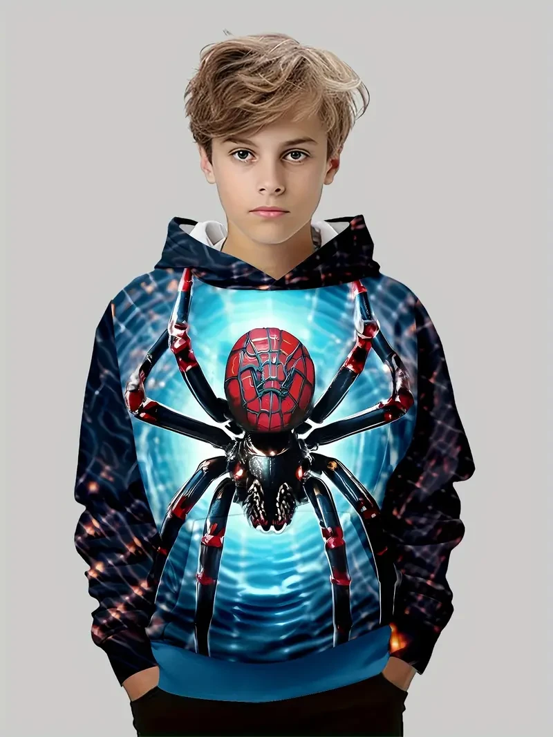 Sudadera con capucha y estampado de araña 3D para niño: jersey informal de manga larga con bolsillos, ideal para jugar al aire libre en otoño e invierno.