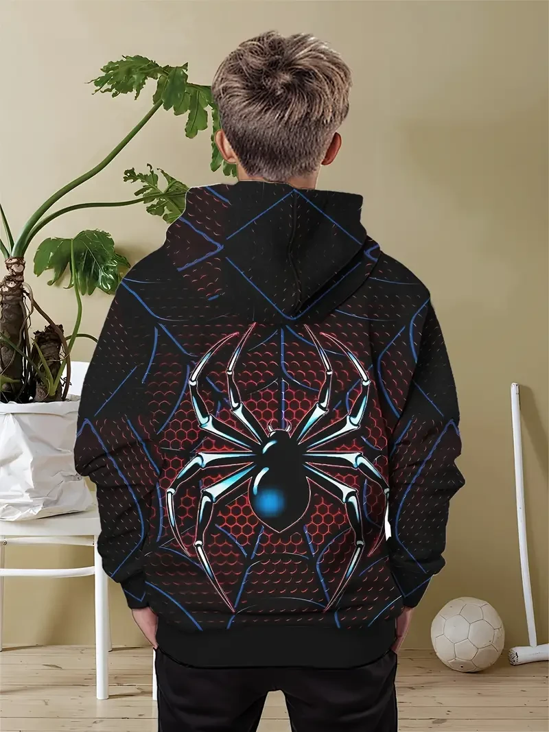 Sudadera con capucha con estampado de araña 3D para niño: suave y transpirable, perfecta para la diversión al aire libre en primavera/otoño y para uso informal.