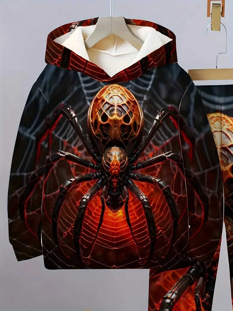 Conjunto de sudadera y pantalón con estampado geométrico de araña para niño, sudadera informal de punto de poliéster con cintura elástica, manga larga, corte holgado, para deportes al aire libre, running, fiesta, colección primavera/otoño, para exteriores