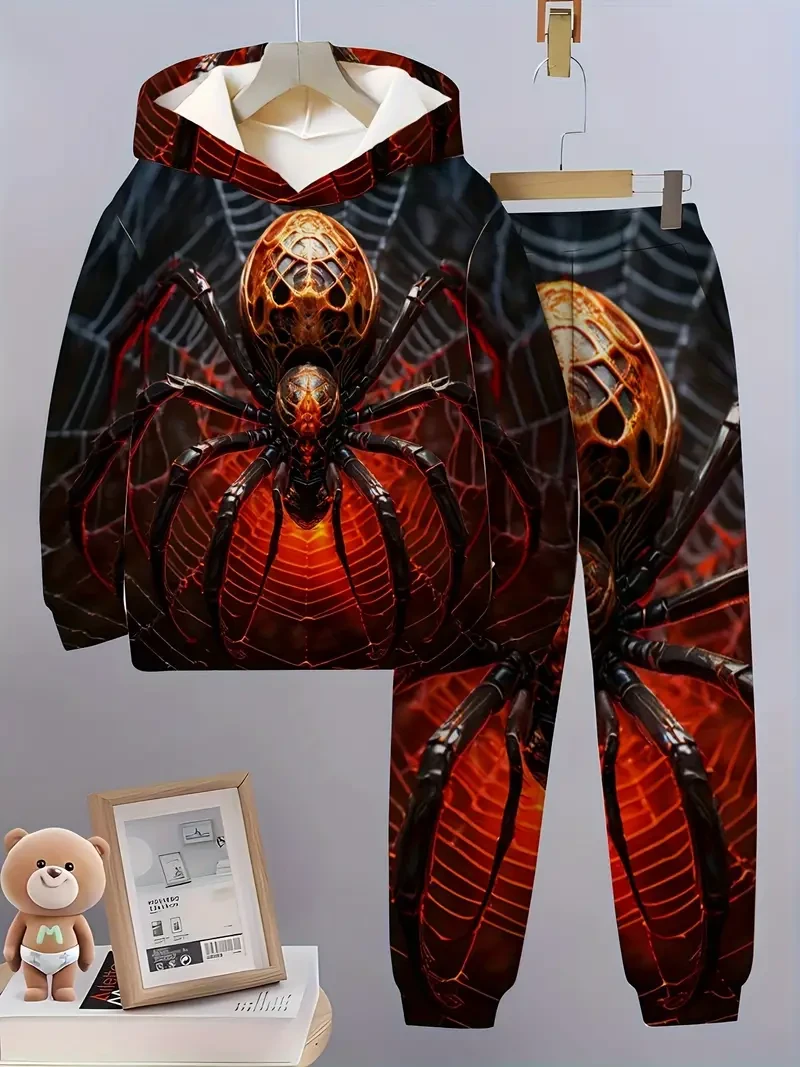 Conjunto de sudadera y pantalón con estampado geométrico de araña para niño, sudadera informal de punto de poliéster con cintura elástica, manga larga, corte holgado, para deportes al aire libre, running, fiesta, colección primavera/otoño, para exteriores