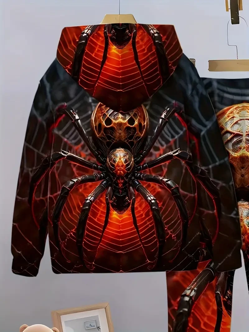 Conjunto de sudadera y pantalón con estampado geométrico de araña para niño, sudadera informal de punto de poliéster con cintura elástica, manga larga, corte holgado, para deportes al aire libre, running, fiesta, colección primavera/otoño, para exteriores