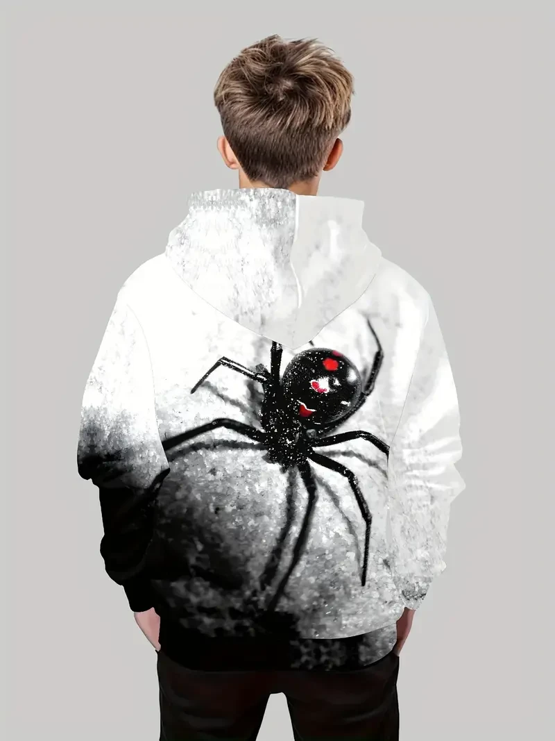Sudadera con capucha y estampado 3D de araña para niño: sudadera informal de manga larga con bolsillo tipo canguro, mezcla de poliéster elástico, lavable a máquina, ideal para otoño e invierno.