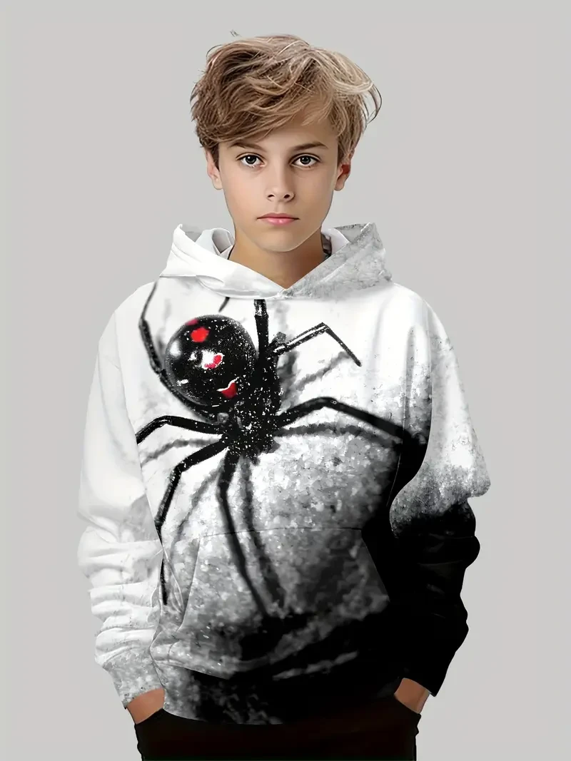 Sudadera con capucha y estampado 3D de araña para niño: sudadera informal de manga larga con bolsillo tipo canguro, mezcla de poliéster elástico, lavable a máquina, ideal para otoño e invierno.