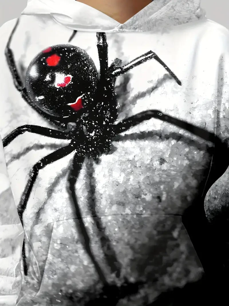 Sudadera con capucha y estampado 3D de araña para niño: sudadera informal de manga larga con bolsillo tipo canguro, mezcla de poliéster elástico, lavable a máquina, ideal para otoño e invierno.