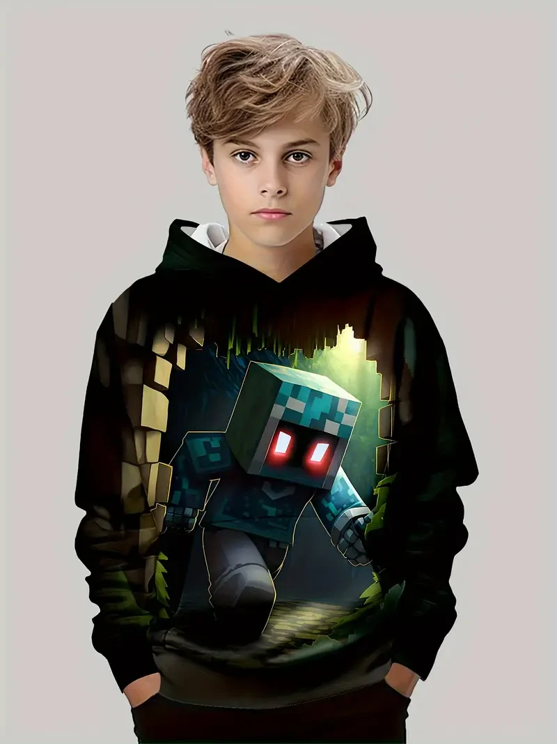 Sudadera con capucha con estampado de dibujos animados en 3D para niño: jersey informal de manga larga con bolsillos, ideal para jugar al aire libre en otoño e invierno.
