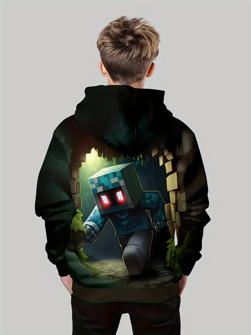 Sudadera con capucha con estampado de dibujos animados en 3D para niño: jersey informal de manga larga con bolsillos, ideal para jugar al aire libre en otoño e invierno.