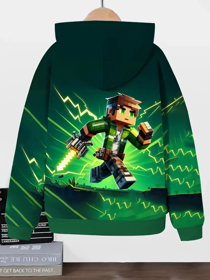 Traje deportivo informal con capucha para niño con estampado geométrico de personajes del juego Sandbox. Corte regular con bolsillos. Tejido de punto elástico para uso diario e informal. Otoño/Invierno. Poliéster.