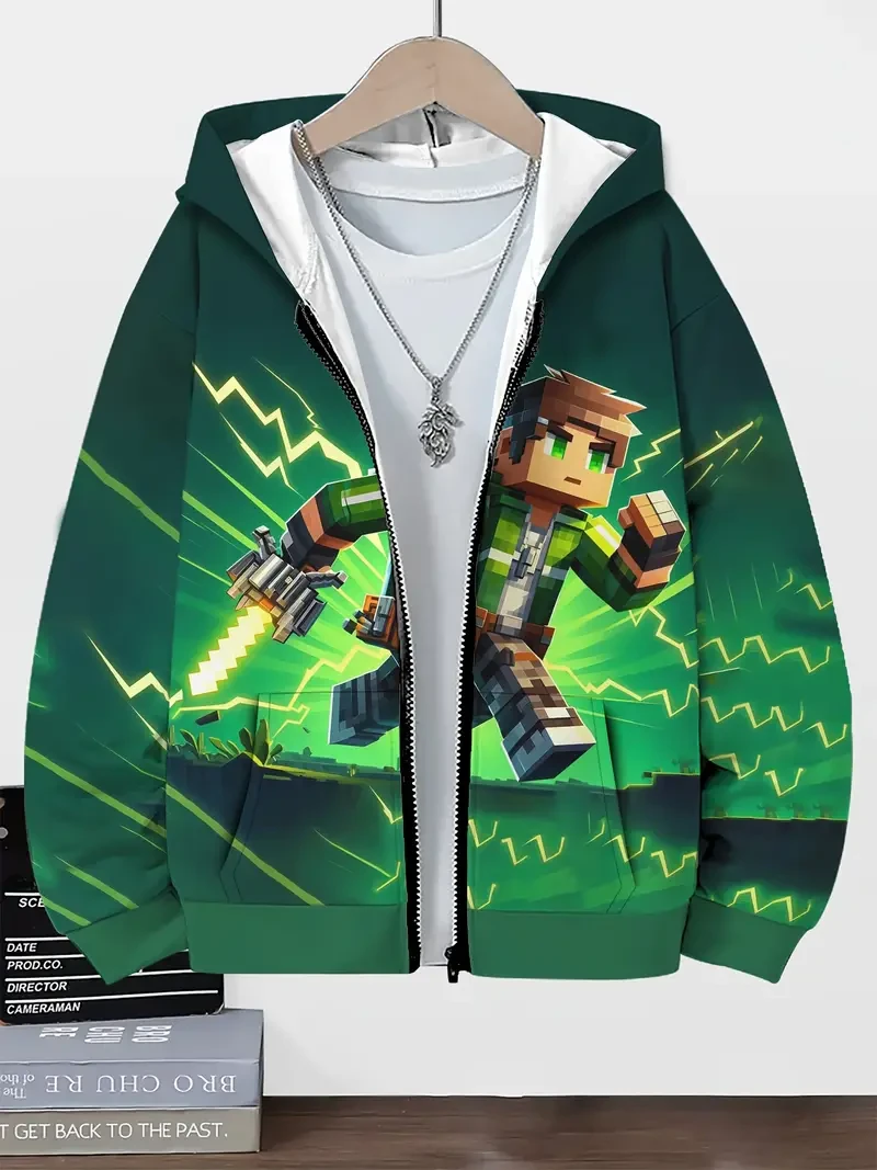 Traje deportivo informal con capucha para niño con estampado geométrico de personajes del juego Sandbox. Corte regular con bolsillos. Tejido de punto elástico para uso diario e informal. Otoño/Invierno. Poliéster.