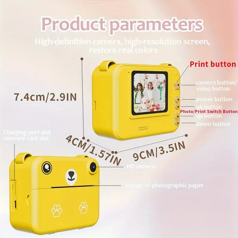 Cámara digital de impresión instantánea para niños, video HD, batería recargable de 1500 mAh, temporizador, para niños de 3 a 12 años, ideal para Navidad y cumpleaños.