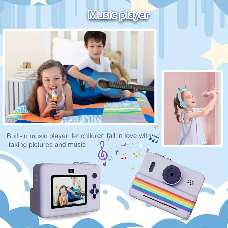 Cámara de impresión instantánea de doble lente, pantalla de 7,11 cm, impresión sin tinta, grabación de fotos y vídeos, MP3 y juegos, batería recargable de polímero de litio, temporizador automático, juguete creativo para cumpleaños, Halloween y Navidad.