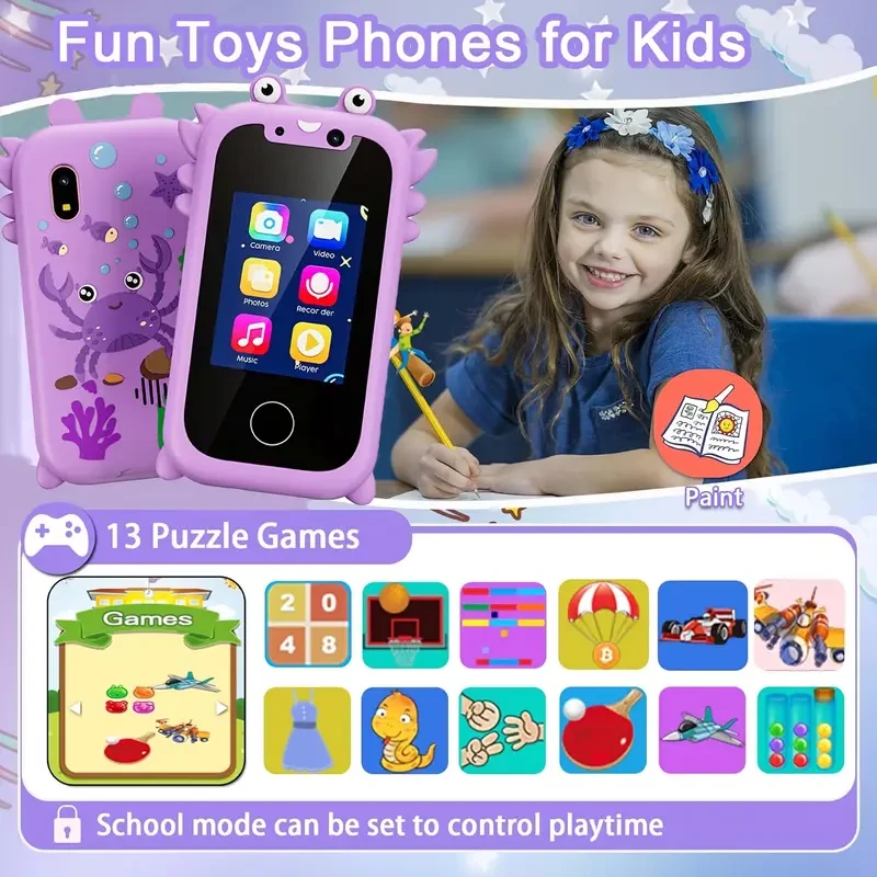 Teléfono móvil portátil de aprendizaje todo en uno, cámara inteligente para niños de 3 a 9 años, reproductor de música para niños con dos cámaras, pantalla táctil con juego educativo, despertador y otras funciones, ideal para la vuelta al cole, regalo de 