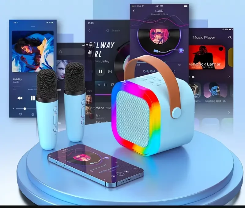 Máquina de karaoke portátil con 2 micrófonos inalámbricos y altavoz con luz LED de discoteca. Recargable por USB con batería de litio 18650 para fiestas familiares y regalos de cumpleaños.