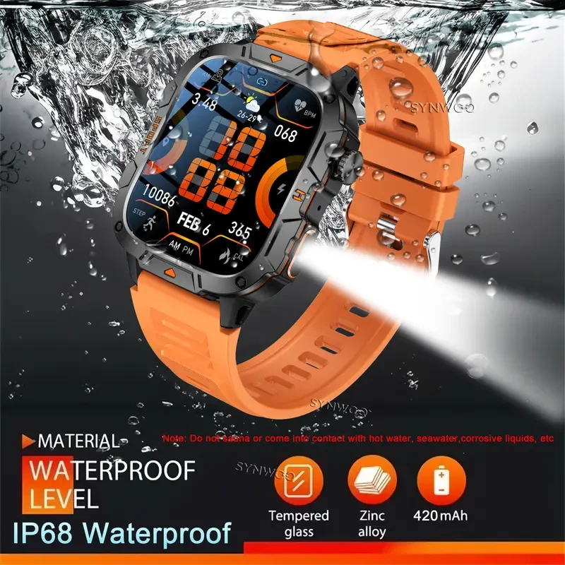 Reloj inteligente SYNWOO Alloy: Pantalla de 4,98 cm, IP68 a prueba de agua, Llamadas inalámbricas, Rastreador de actividad física al aire libre, Linterna LED, SOS, Múltiples modos deportivos, Chip Realtek8763ewe, Batería de 420 mAh, Conexión inalámbrica 5