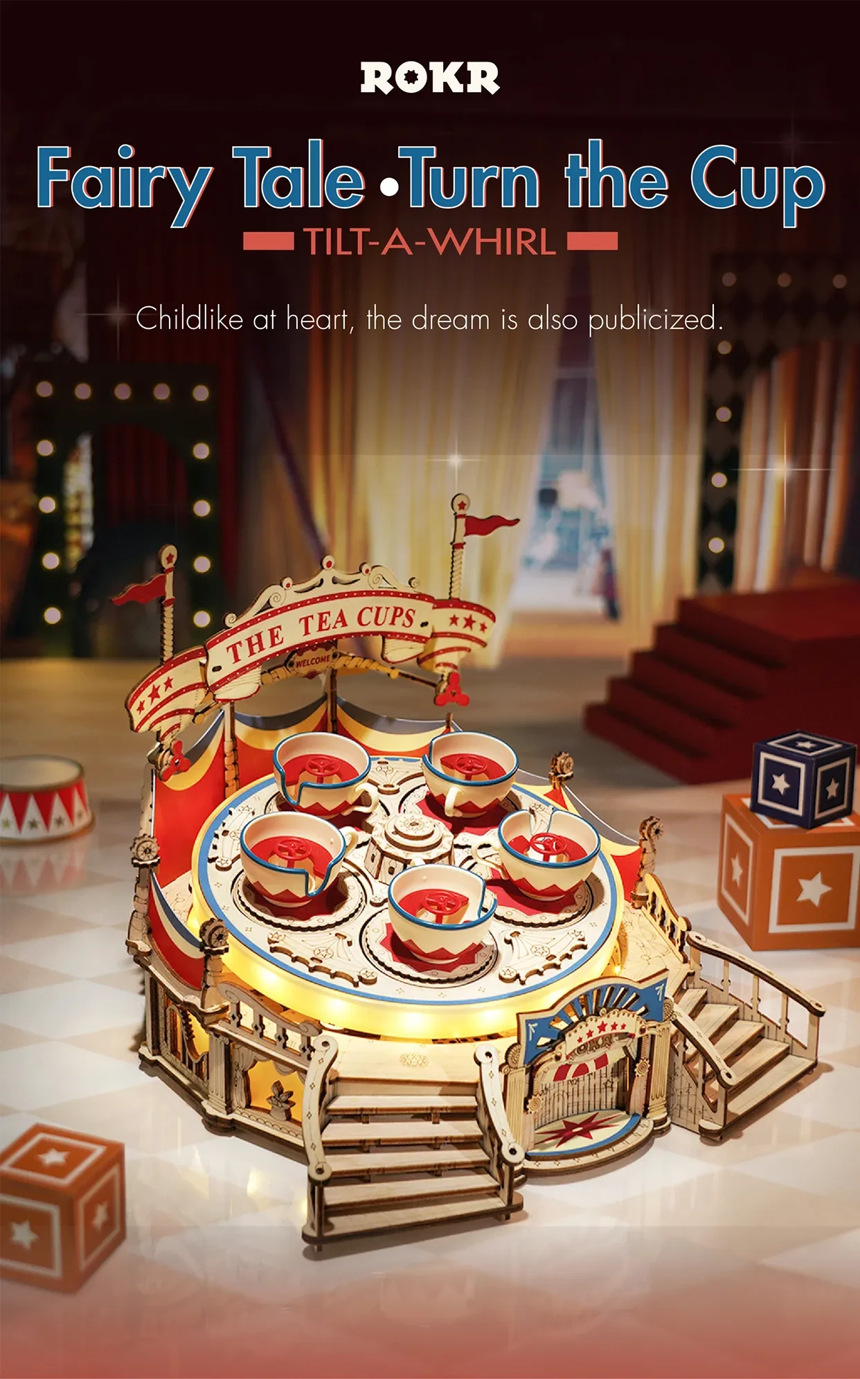 Robotime Rokr Tilt-A-Whirl - Parque de atracciones de la serie Tea Cup, juguete de construcción, regalos de cumpleaños y Navidad para niños, rompecabezas de madera 3D