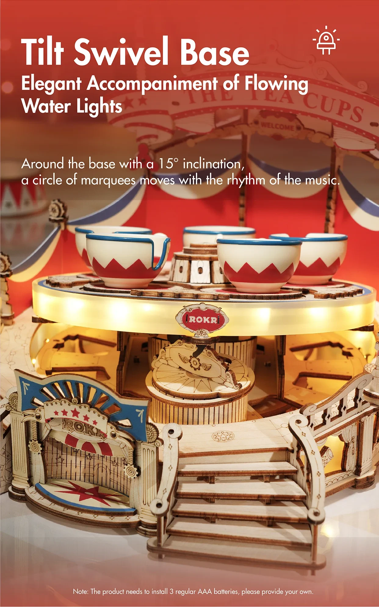 Robotime Rokr Tilt-A-Whirl - Parque de atracciones de la serie Tea Cup, juguete de construcción, regalos de cumpleaños y Navidad para niños, rompecabezas de madera 3D