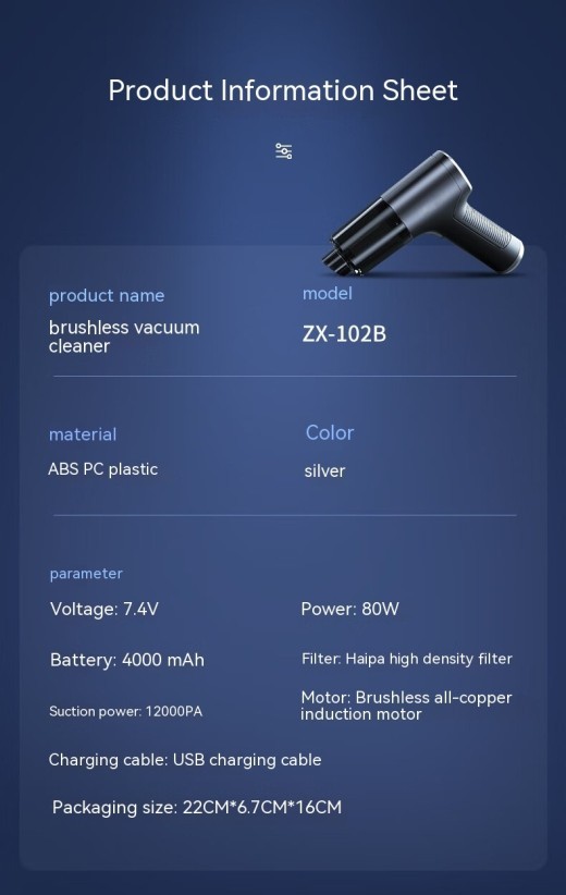 Aspiradora de mano para vehículo eléctrico sin escobillas