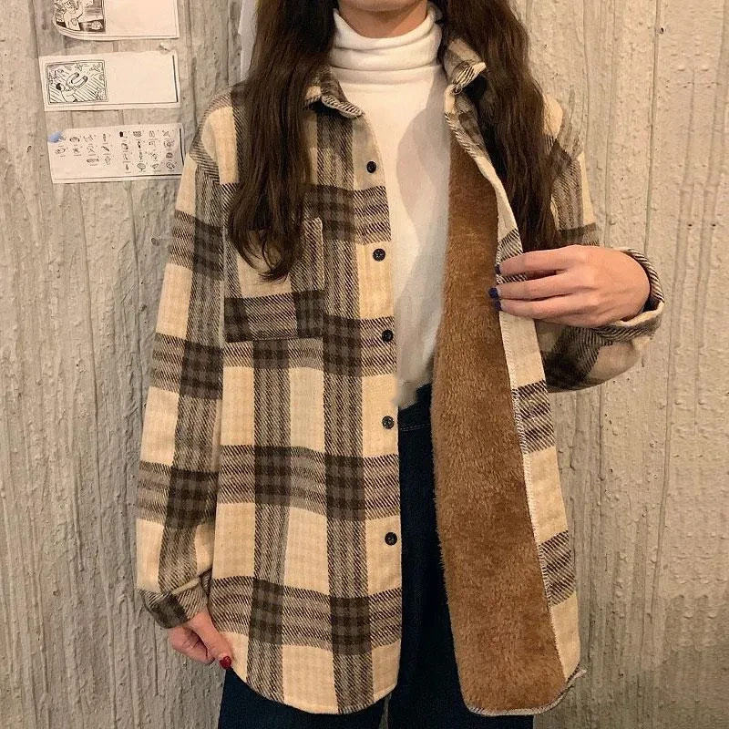 Camisa de cuadros gruesos de felpa de moda para mujer