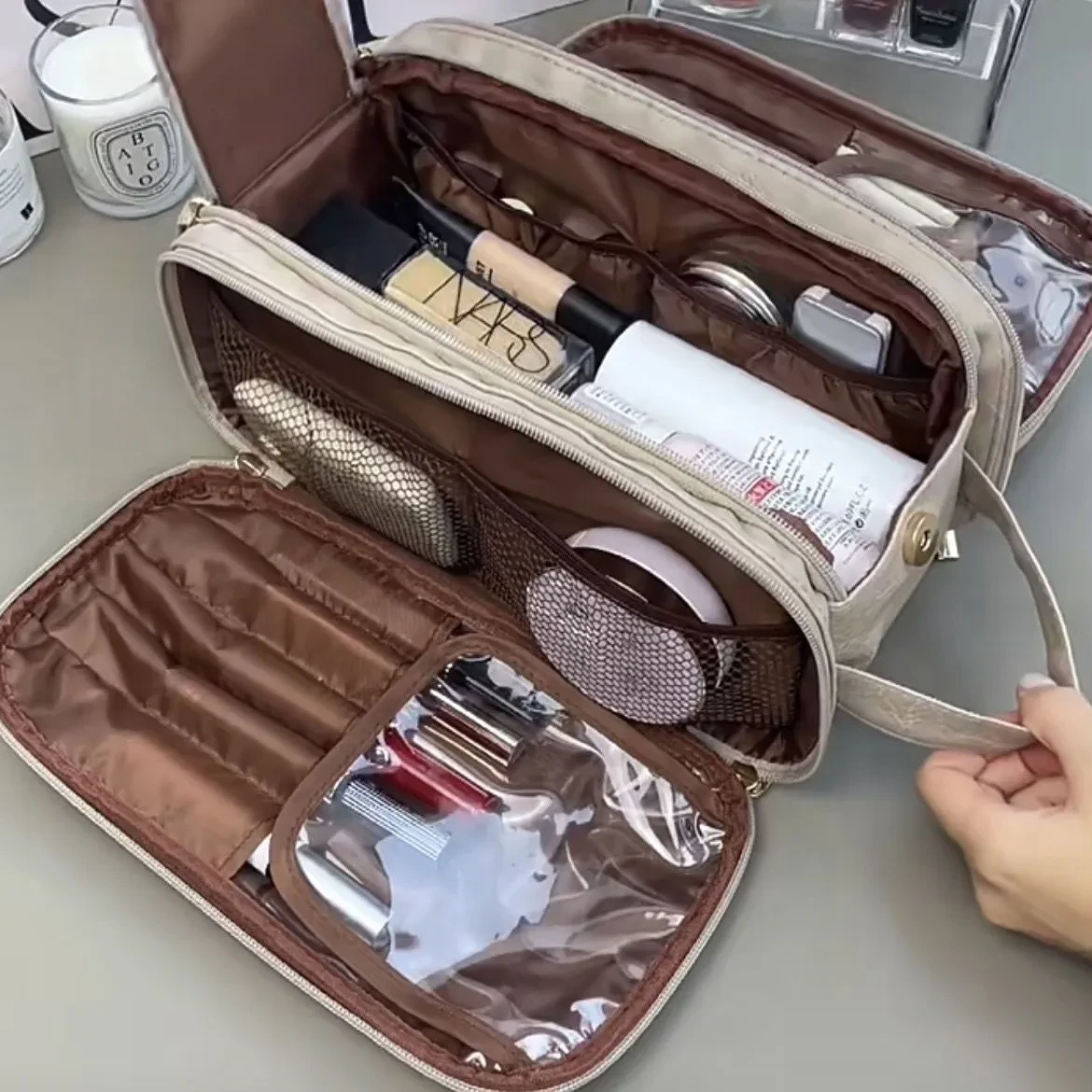 Bolsa de cosméticos portátil de gran capacidad para mujer