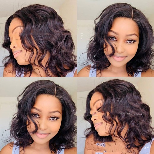Cabello corto y rizado con encaje frontal negro de media longitud