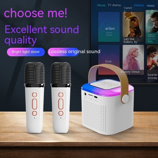 Máquina de karaoke con micrófono y altavoz Bluetooth con 2 micrófonos inalámbricos, luz RGB, altavoz para cantar en casa o en familia