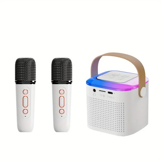 Máquina de karaoke con micrófono y altavoz Bluetooth con 2 micrófonos inalámbricos, luz RGB, altavoz para cantar en casa o en familia