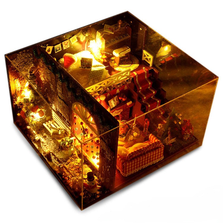 Cabañas navideñas de bricolaje, casa en miniatura, decoraciones navideñas para el hogar, iluminación de madera, casa de muñecas de bricolaje, juguetes de Navidad, regalos Brinquedos