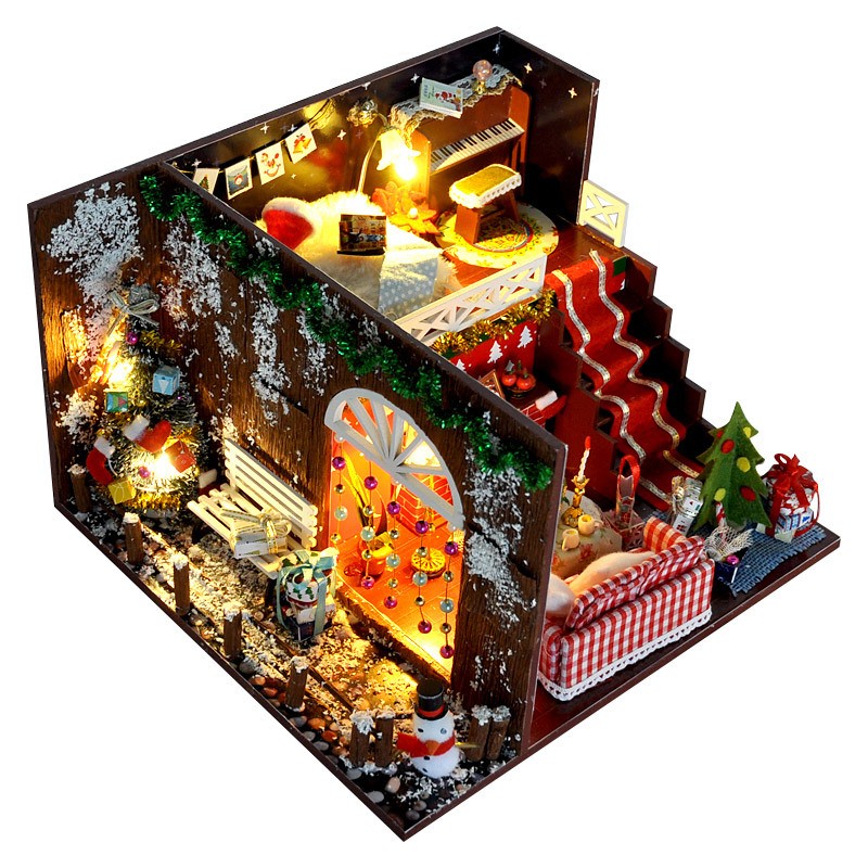 Cabañas navideñas de bricolaje, casa en miniatura, decoraciones navideñas para el hogar, iluminación de madera, casa de muñecas de bricolaje, juguetes de Navidad, regalos Brinquedos