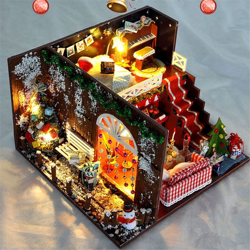 Cabañas navideñas de bricolaje, casa en miniatura, decoraciones navideñas para el hogar, iluminación de madera, casa de muñecas de bricolaje, juguetes de Navidad, regalos Brinquedos