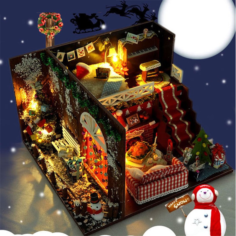 Cabañas navideñas de bricolaje, casa en miniatura, decoraciones navideñas para el hogar, iluminación de madera, casa de muñecas de bricolaje, juguetes de Navidad, regalos Brinquedos