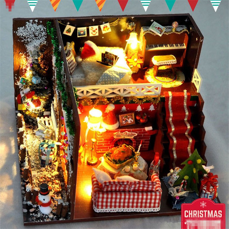 Cabañas navideñas de bricolaje, casa en miniatura, decoraciones navideñas para el hogar, iluminación de madera, casa de muñecas de bricolaje, juguetes de Navidad, regalos Brinquedos
