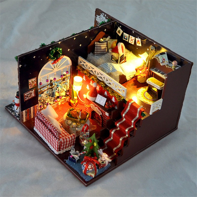 Cabañas navideñas de bricolaje, casa en miniatura, decoraciones navideñas para el hogar, iluminación de madera, casa de muñecas de bricolaje, juguetes de Navidad, regalos Brinquedos