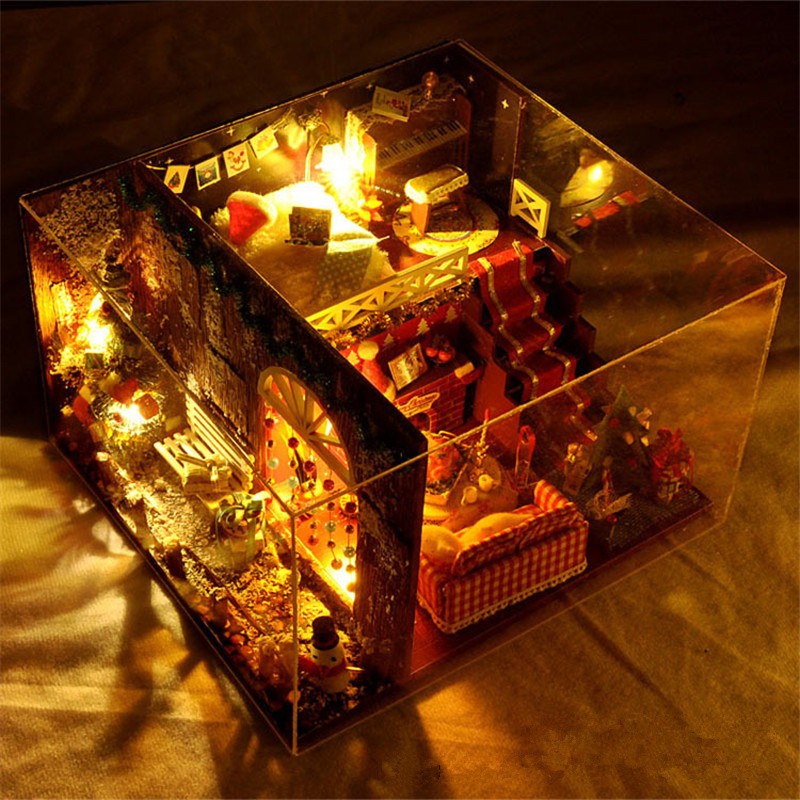 Cabañas navideñas de bricolaje, casa en miniatura, decoraciones navideñas para el hogar, iluminación de madera, casa de muñecas de bricolaje, juguetes de Navidad, regalos Brinquedos