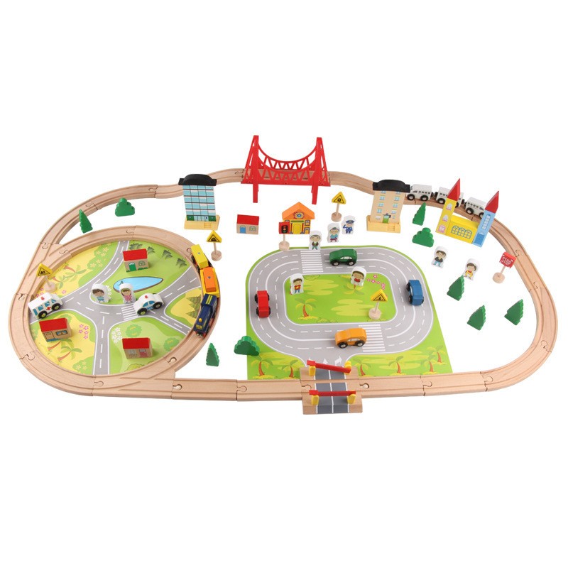Juego de vías de tren para niños con bloques de construcción para ensamblar.