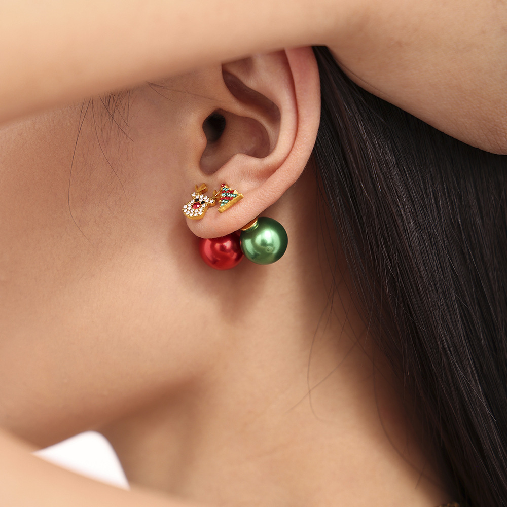 Pendientes de acero inoxidable con forma de alce y árbol de Navidad con circonitas de colores