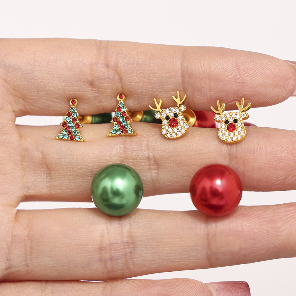 Pendientes de acero inoxidable con forma de alce y árbol de Navidad con circonitas de colores