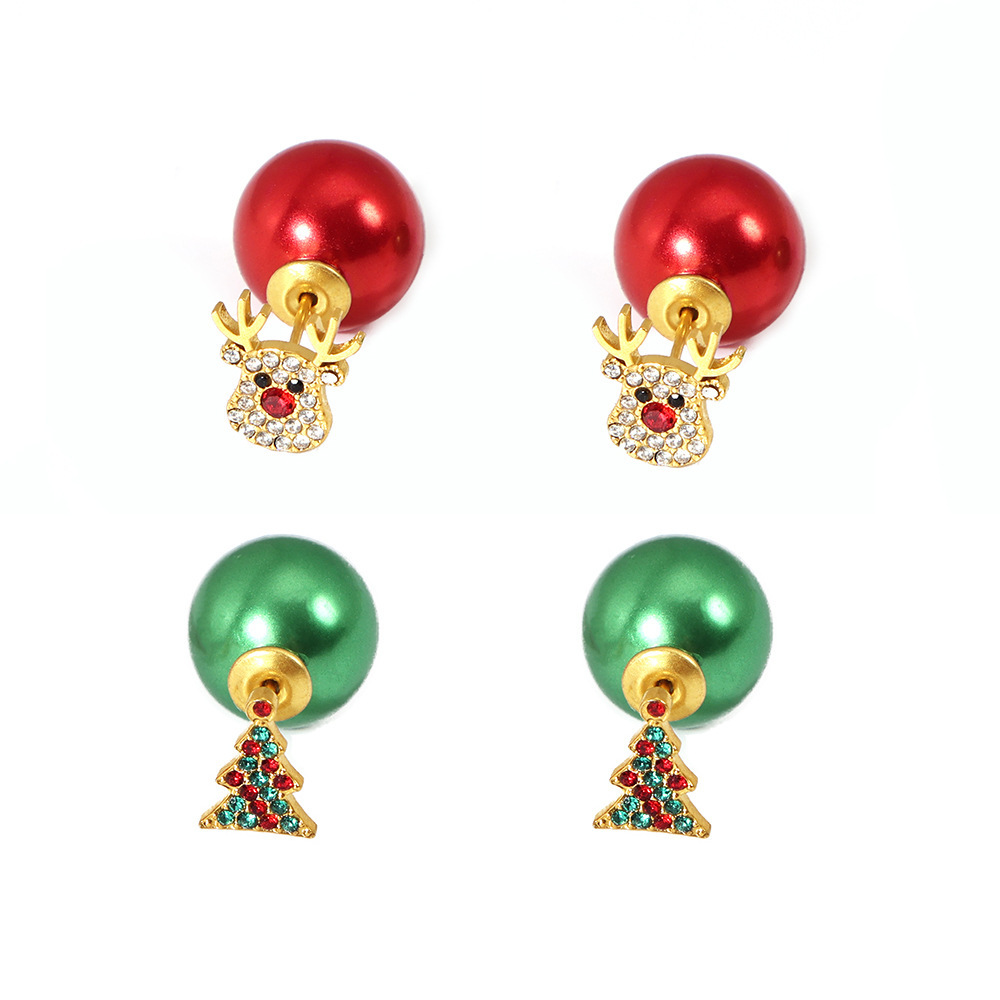 Pendientes de acero inoxidable con forma de alce y árbol de Navidad con circonitas de colores