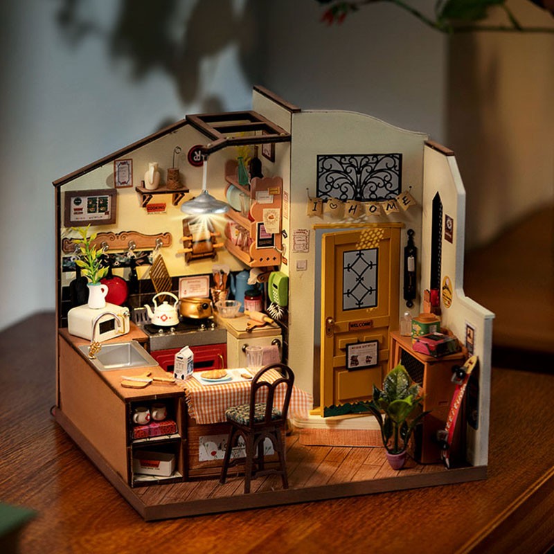 Casa de muñecas Rolife Happy Kitchen, casa en miniatura, rompecabezas de madera con luz LED
