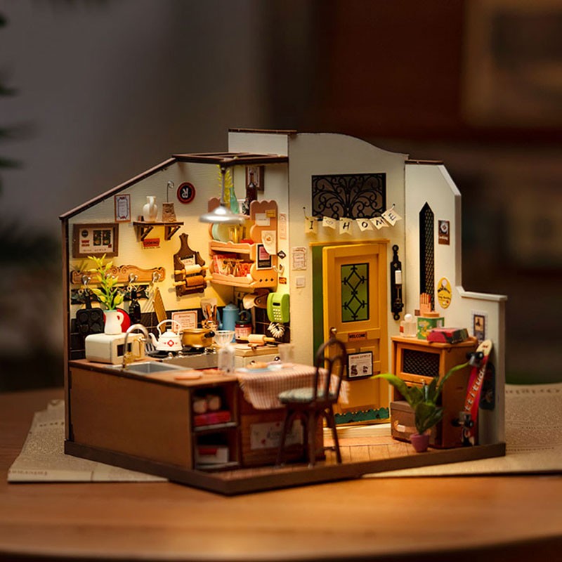 Casa de muñecas Rolife Happy Kitchen, casa en miniatura, rompecabezas de madera con luz LED