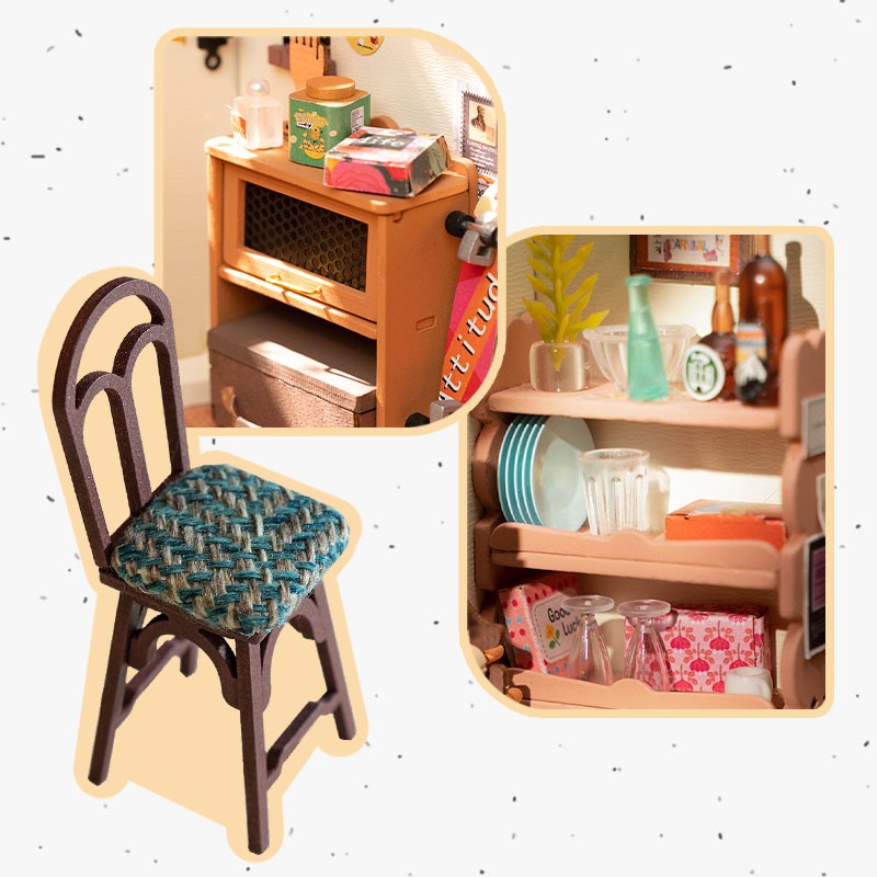 Casa de muñecas Rolife Happy Kitchen, casa en miniatura, rompecabezas de madera con luz LED