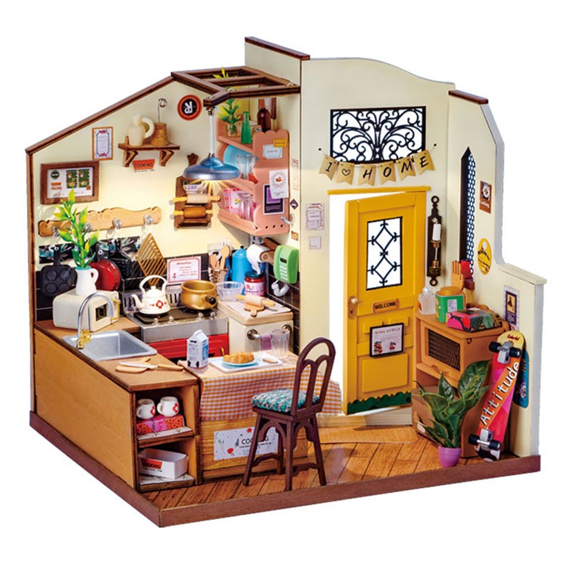 Casa de muñecas Rolife Happy Kitchen, casa en miniatura, rompecabezas de madera con luz LED
